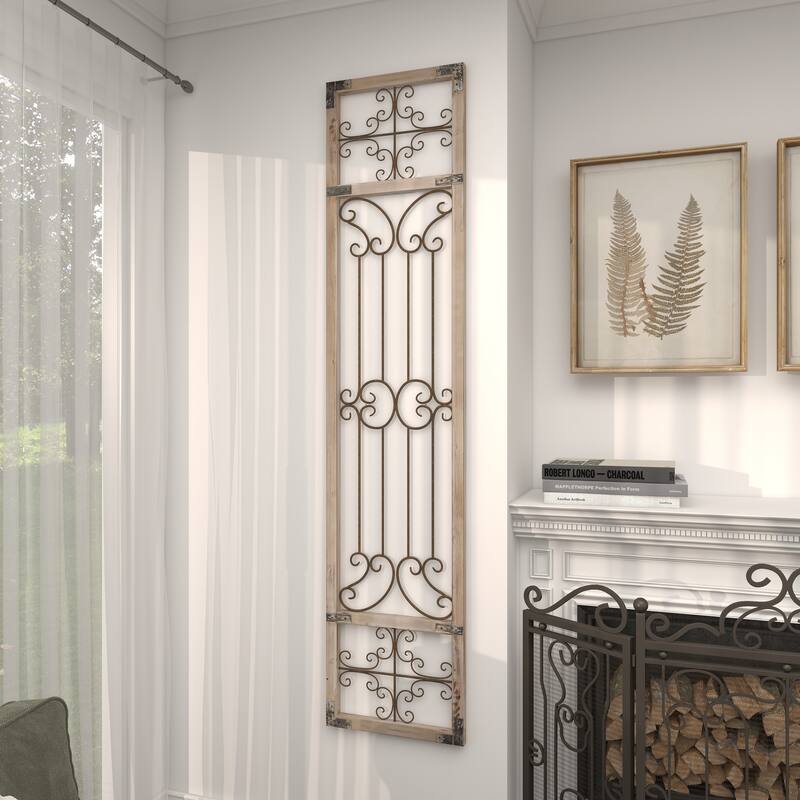 Wood Scroll Distressed Ornamental Panel Home Wall Decor with Bronze Metal Wire Details - Cream - Roche River Decor
