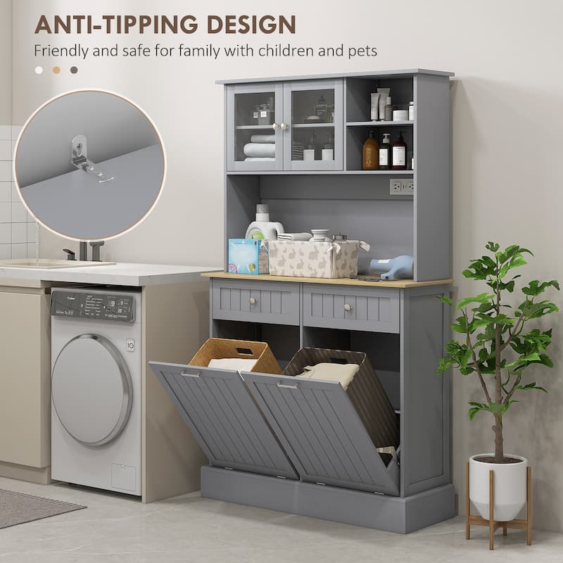 HOMCOM 68" Kitchen Pantry Cabinet with Charging Station, 2 Tilt Out Trash Cabinets and Microwave Stand