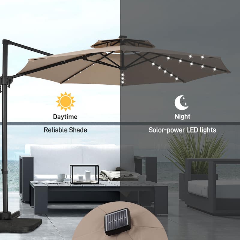 Autlaycil 10FT Cantilever Patio Umbrella with Solar Lights Included Base 360 Rotation Large Offset Hanging Outdoor Shade