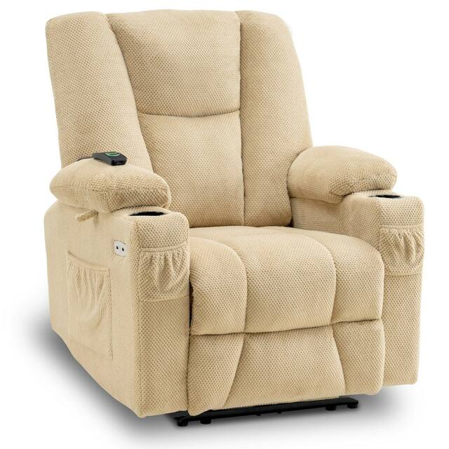 Mcombo Electric Power Recliner with Massage & Heat, Extended Footrest, 2 USB Ports, Side Pockets, Cup Holders, Plush Fabric 8015 - Beige