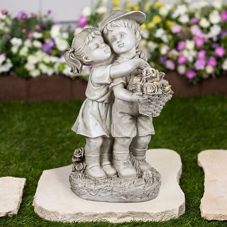 Solar Lighted Hugging Girl and Boy Outdoor Garden Statue - 16"