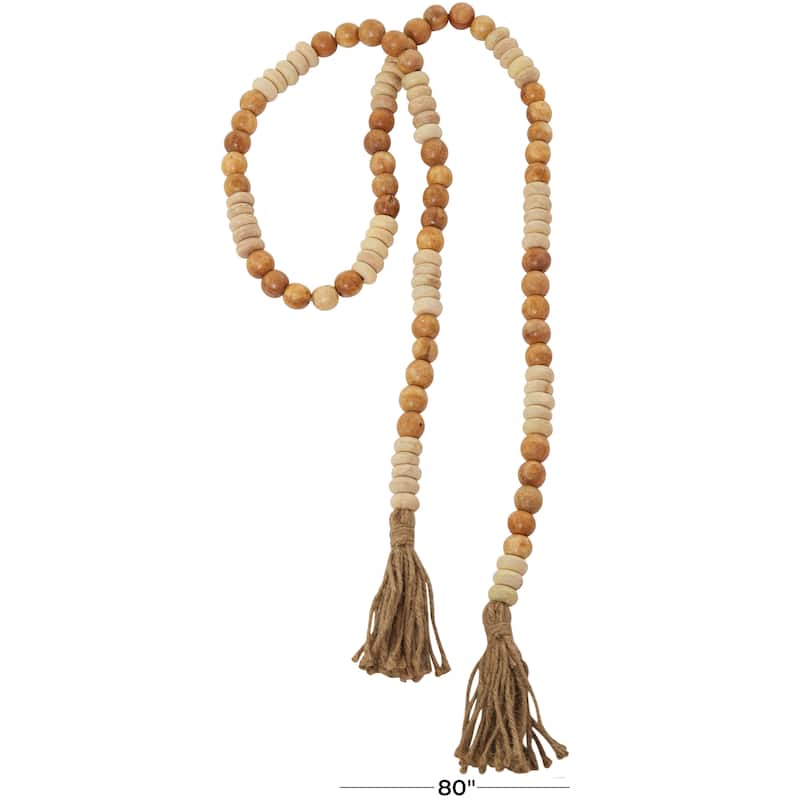 Brown Mango Wood Handmade Round Long Carved Beaded Garland with Tassel