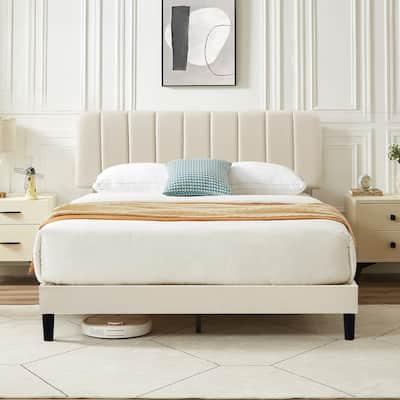 VECELO Velvet Upholstered Bed Frame with Vertical Channel Tufted Headboard, Adjustable Headboard, Wooden Slats Support