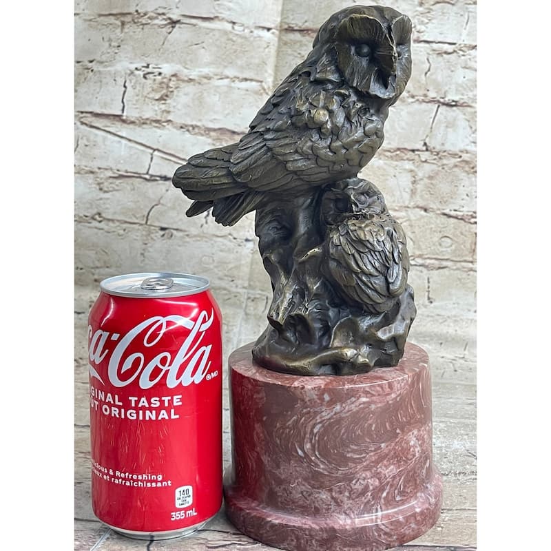 Bronze Sculpture Statue Of Two Owls Birds On A Red Marble Base Signed Milo