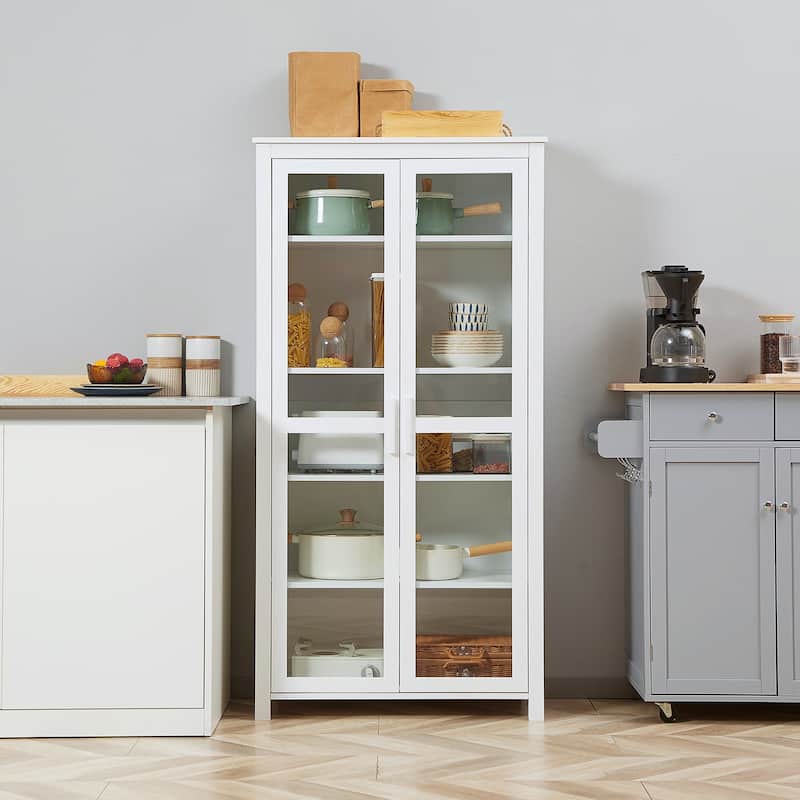 HOMCOM Freestanding Kitchen Pantry, 5-tier Storage Cabinet with Adjustable Shelves and 2 Glass Doors, White