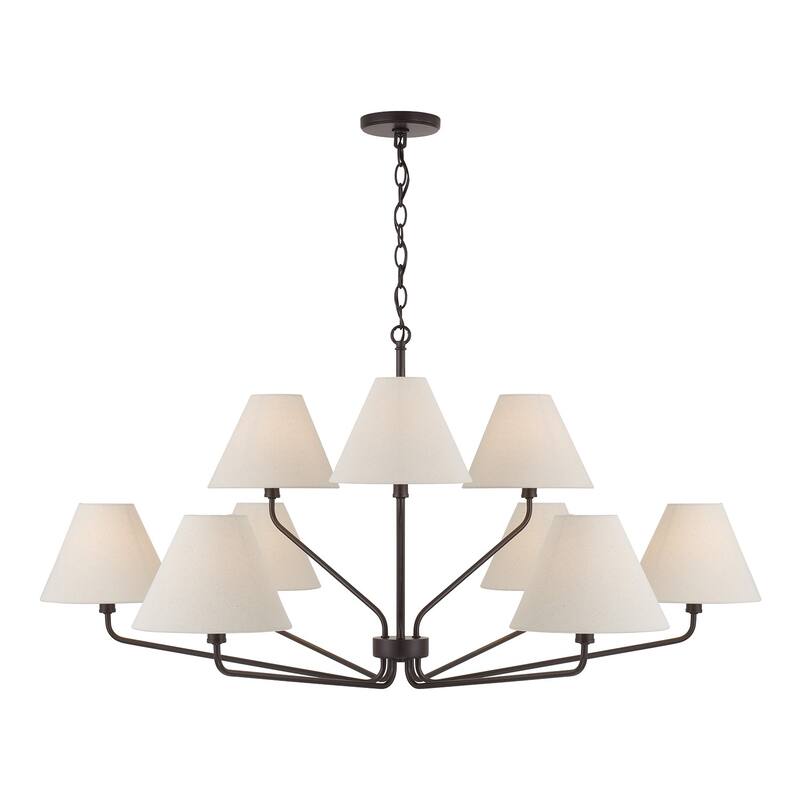 45" W x 22.5" H 9-Light Angular Two-Tier Chandelier with Tapered White Fabric Shades - 45"W x 22.25"H