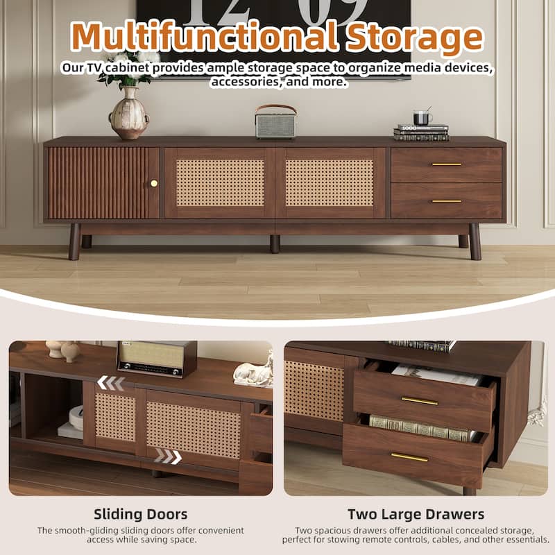 Mid Century Modern Solid Wood TV Stand for 80" TVs,TV Console with Sliding Doors and Drawers