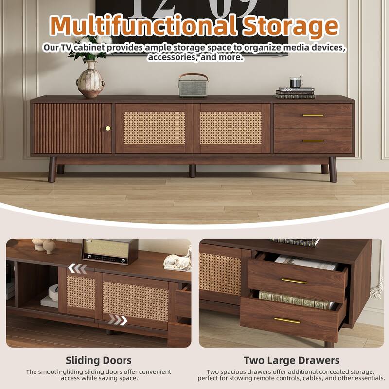 Wooden TV Stand for 80" TVs, TV Media Storage Cabinet with Rattan Sliding Doors and 2 Drawers, Rectangle TV Table Console