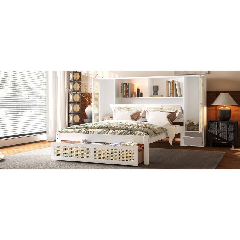 Twin Size Wooden Platform Bed with Storage Lockers, Drawer, and Headboard Shelf, Natural Rattan Design, White