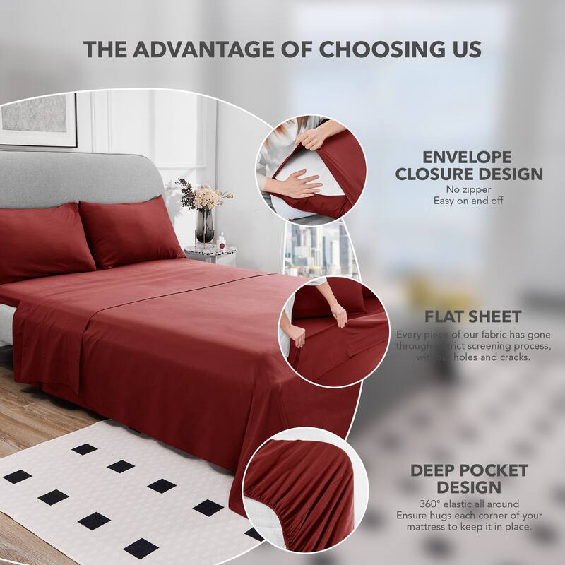 Deconovo 4-Piece Ultra-Soft Bed Sheet Set, 1800 Thread Count, Deep Pockets