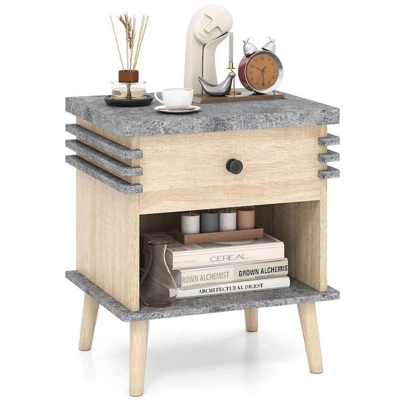 Costway 1/2 PCS 3-Tier Bedside Table with Antique Grey Faux Marble Top - 1-drawer