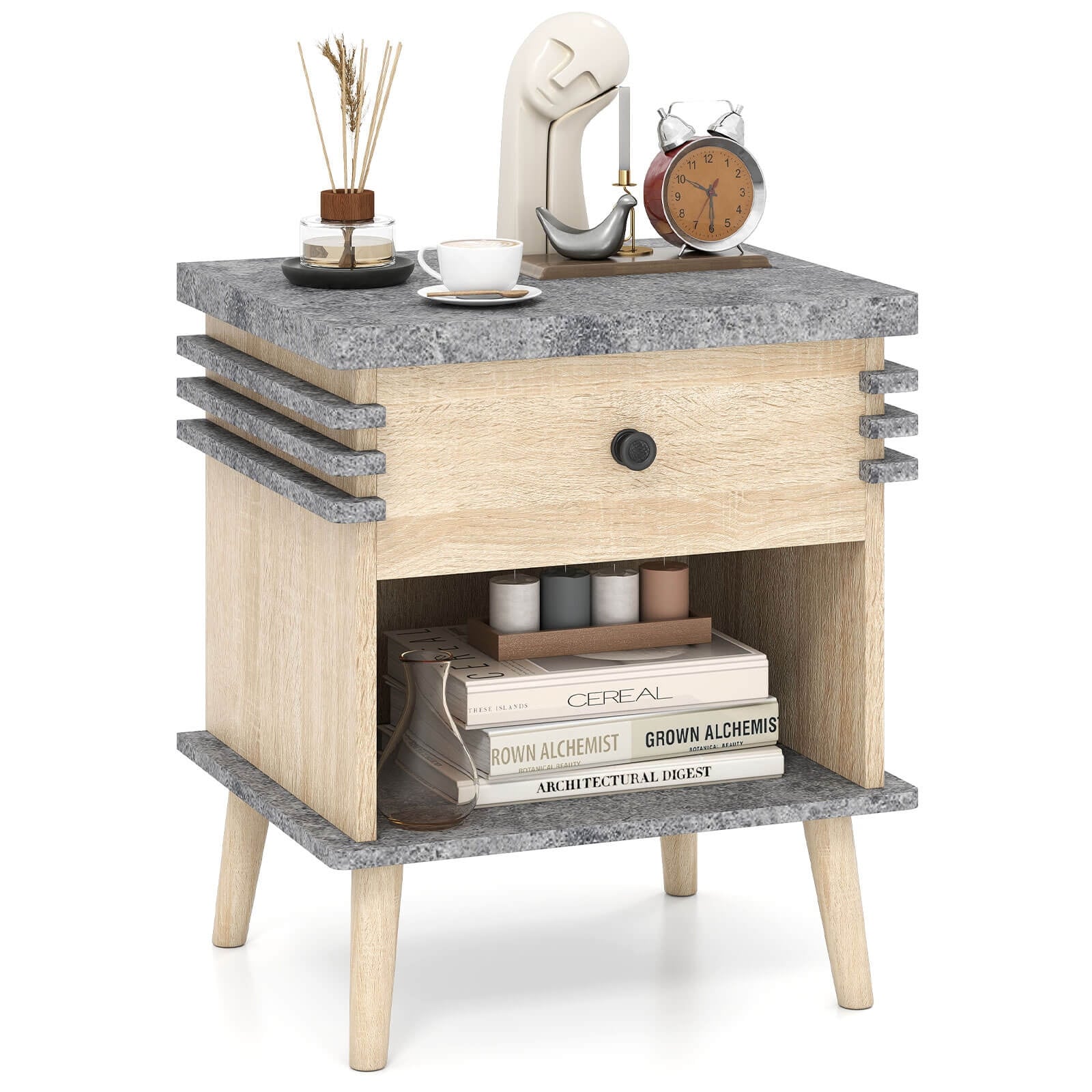 Costway 1/2 PCS 3-Tier Bedside Table with Antique Grey Faux Marble Top