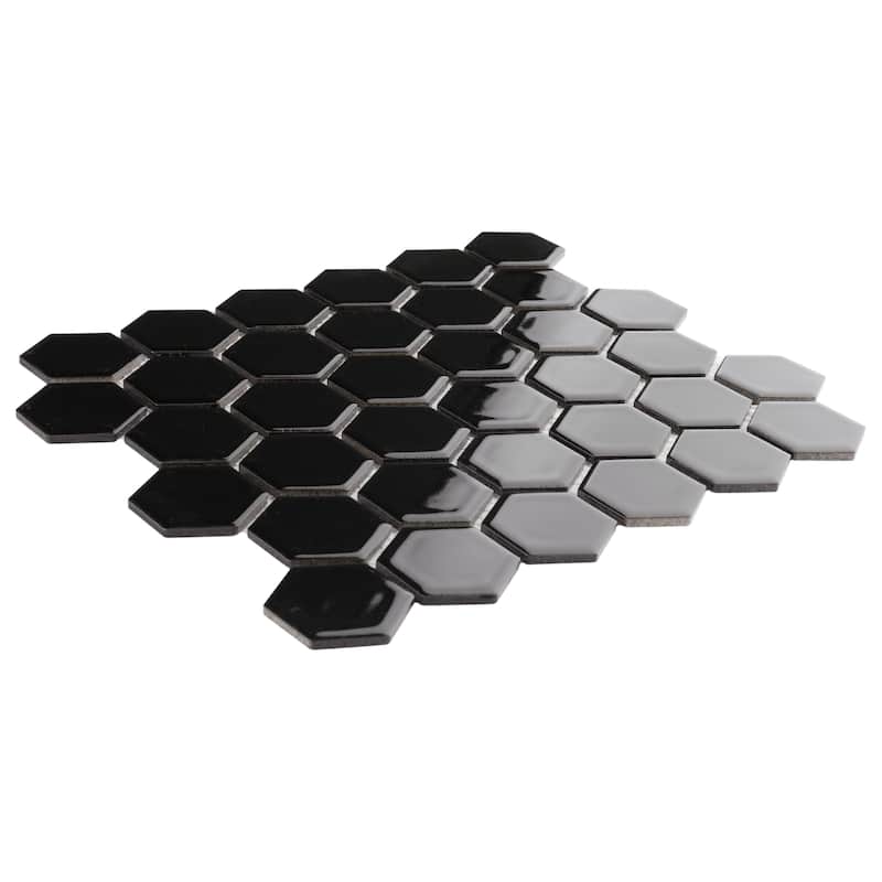 Merola Tile Hudson Due 2" Hex Glossy Black 10-7/8" x 12-5/8" Porcelain Mosaic Floor and Wall Tile