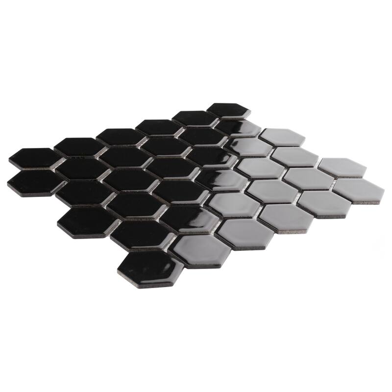 Merola Tile Hudson Due 2" Hex Glossy Black 10-7/8" x 12-5/8" Porcelain Floor and Wall Tile