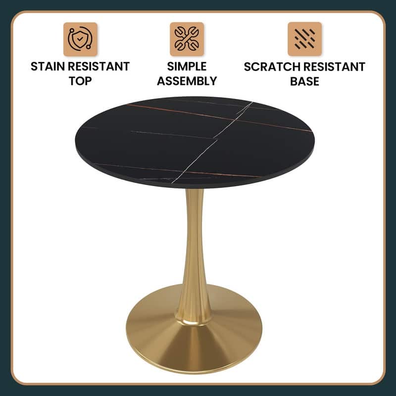 Bristol Series 27" Round Dining Table with Sintered Stone Top and Gold Stainless Steel Pedestal Base for Kitchen or Dining Room