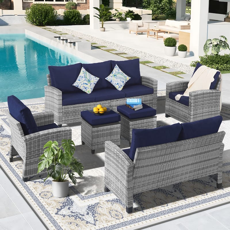 6pcs Wicker Patio Conversation Set Seating Loveseat Sofa with Ottomans