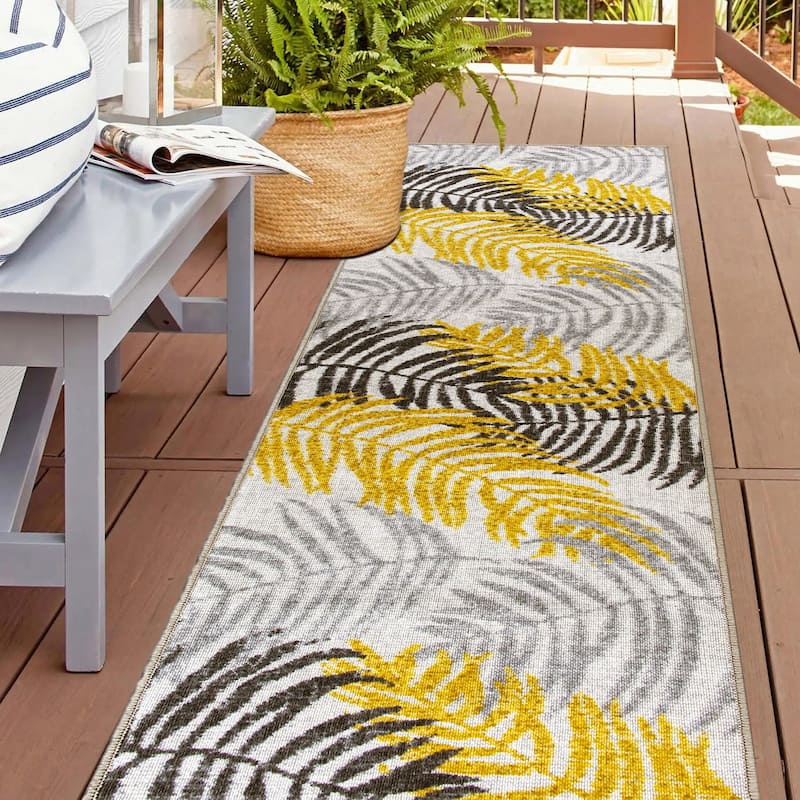 Floral Leaves Flatweave Indoor/Outdoor Area Rug - 2'x7' Runner - Yellow