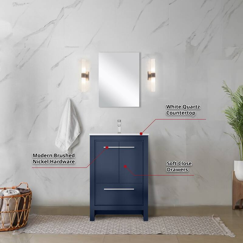24 in. White Vanity with Quartz Top, Rose Gold Faucet, and 18 in. Mirror - Bathroom Storage Cabinet with Soft-Close Doors