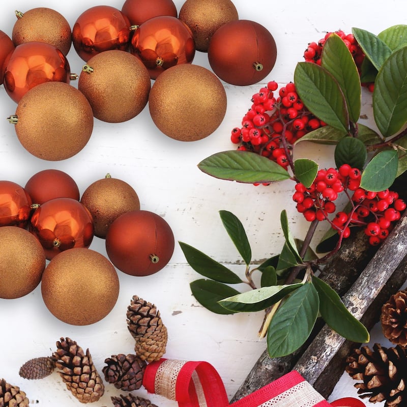 Shatterproof 4-Finish Christmas Ball Ornaments - 4" (100mm) - Orange - 12ct