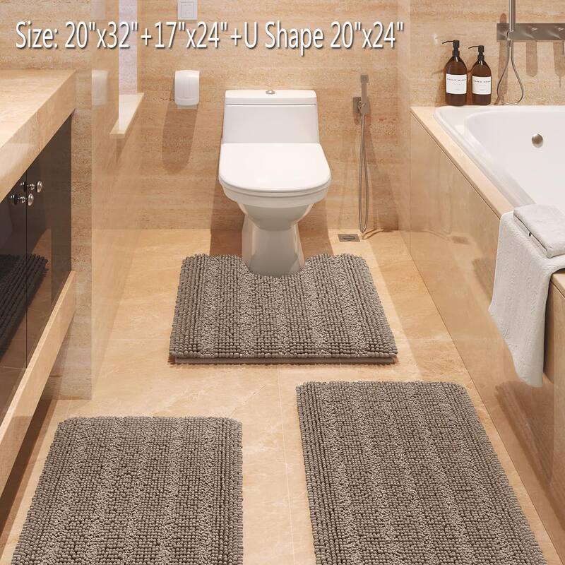 Ultra Soft Striped Non Slip Chenille Bathroom Rug Set 3 Pieces
