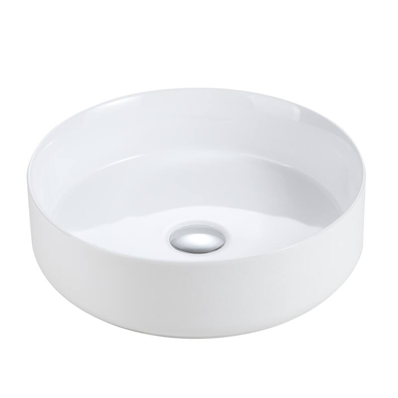 GDFStudio - Modern Sleek Vessel Integrated Round Ceramic Basin with Glossy Finish, Drain Not Included - 15.56" - Gloss White