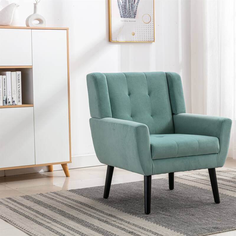 Mint Green Velvet Modern 29.53" Upholstered Buttons Tufted Accent Chair with Black Solid Wood Legs