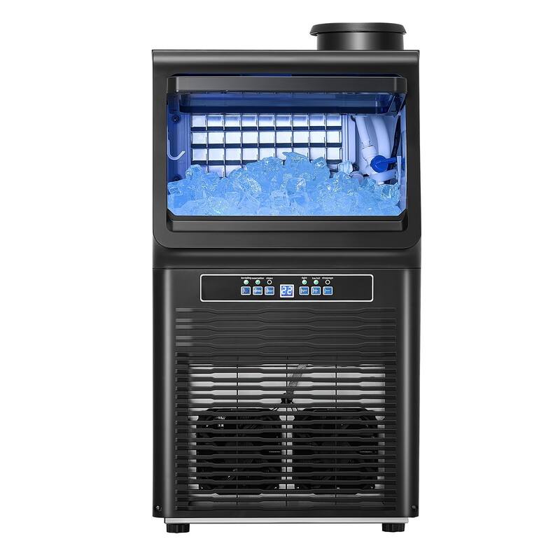 Black Stainless Steel Commercial Ice Maker with 36 Trays, Dual Water Inlets and Self Cleaning - 13.7 x 13.2 x 25.2 in