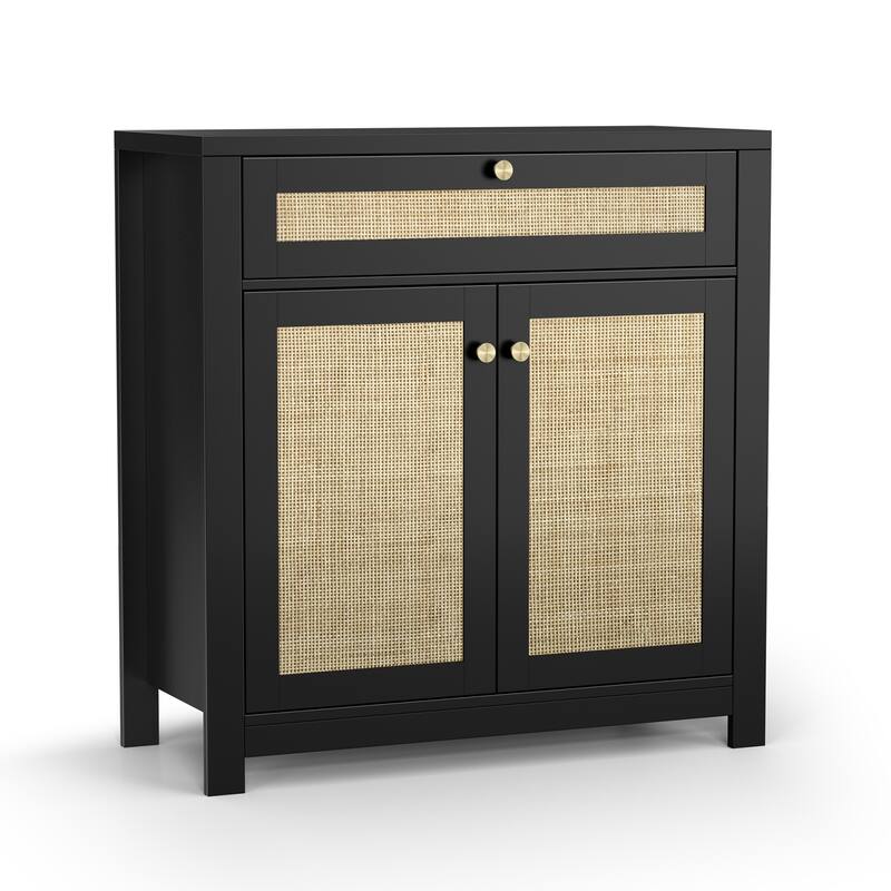 Anmytek 2-Door Black Rattan Cabinet with Drawer Storage Sideboard Buffet 31.5"W x 13.7"D x 32.8"H