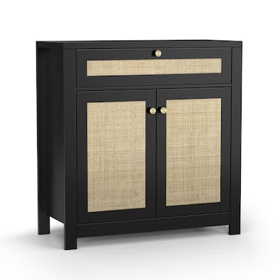 Anmytek 2 Door Black Rattan Cabinet with Drawer Storage Sideboard Buffet 31.5"W x 13.7"D x 32.8"H
