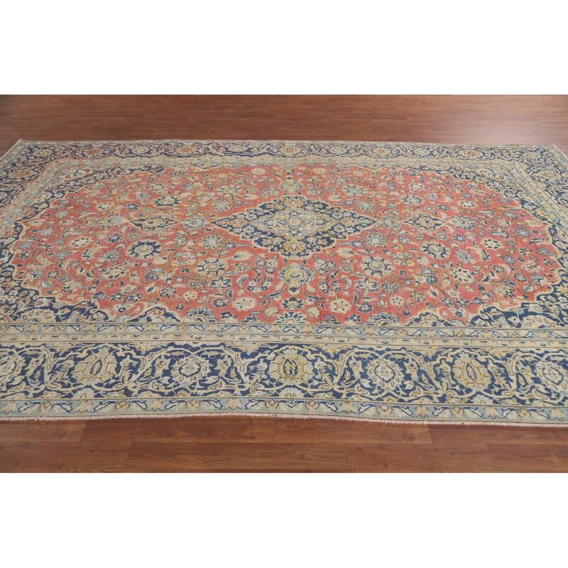 Hand Knotted Oriental 100% Wool Carpet Traditional Floral Coral Mashad Area Rug - 11' 5'' X 7' 8''