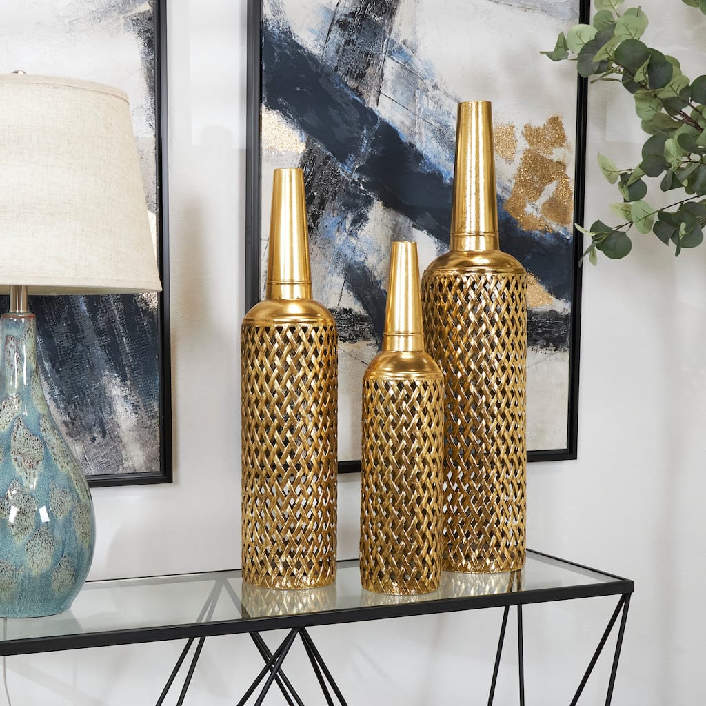 Gold Metal Diamond Patterned Decorative Vase with Open Frame Design (Set of 3) - 30, 25, 21"H
