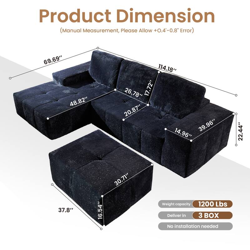 HOOOWOOO Modern Sparkly Velvet Fabric Chaise Sofa Couch with Ottoman