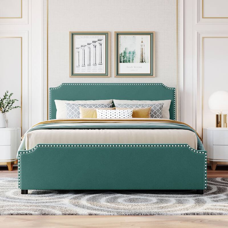 Upholstered Platform Bed Queen Size Velvet Fabric Storage Bedframe with 4 Drawers, Headboard & Footboard, No Box Spring Needed