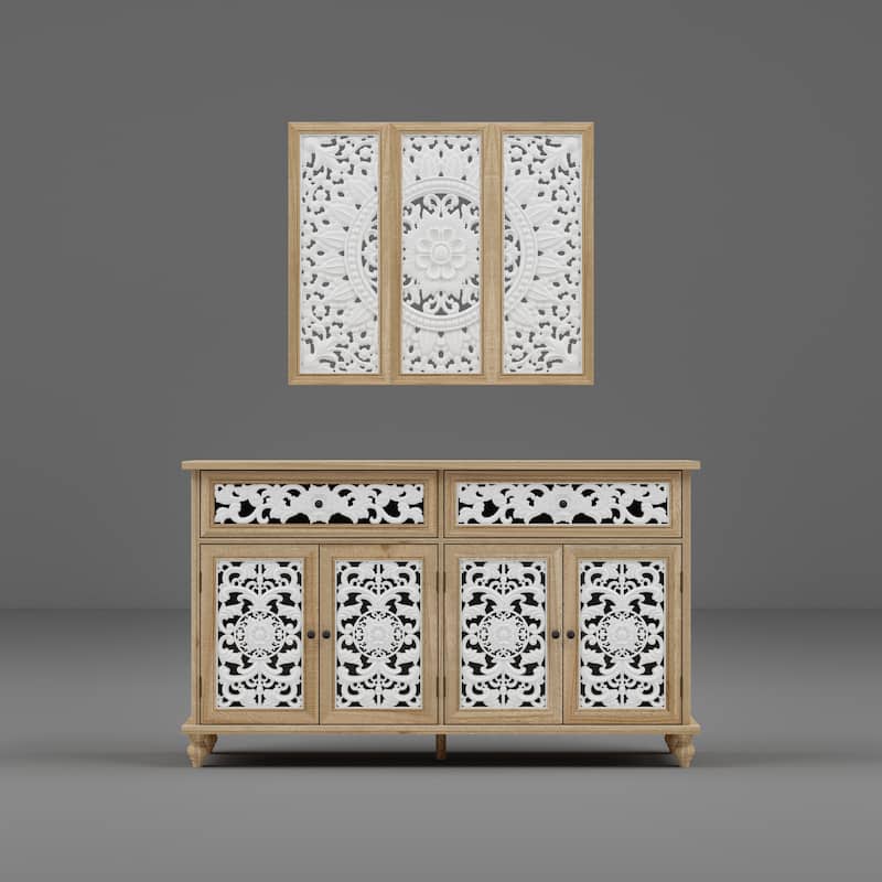Booksheves Boho Entryway Display Cabinet w Wall Décor White Hollow Carved Panels Sideboard
