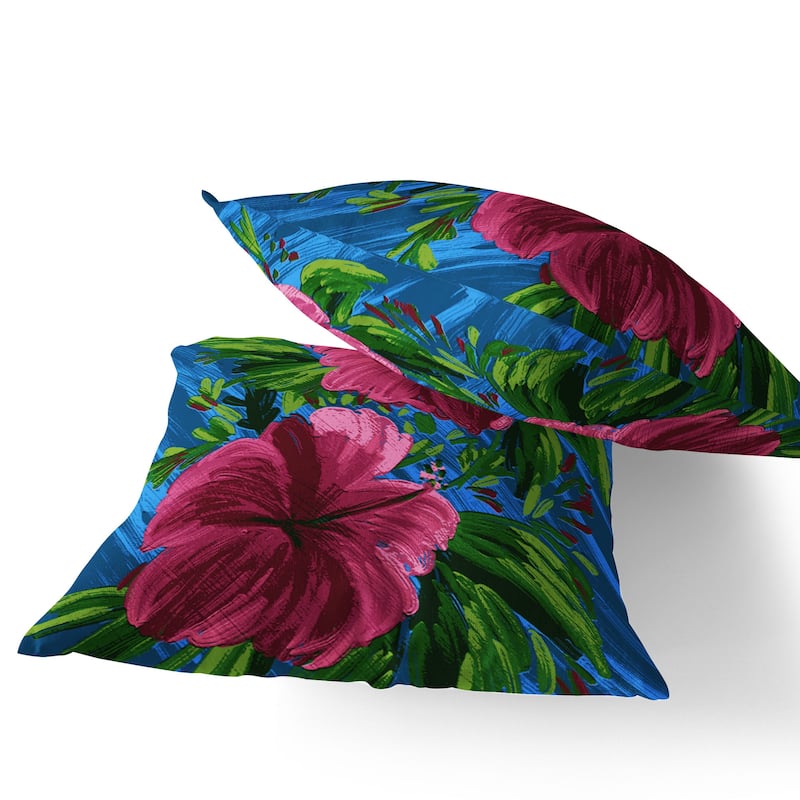 HomeRoots Set of Two 16" X 16" Blue and Pink Blown Seam Floral Indoor Outdoor Throw Pillow - 16.00' X '16.00' X '5.00