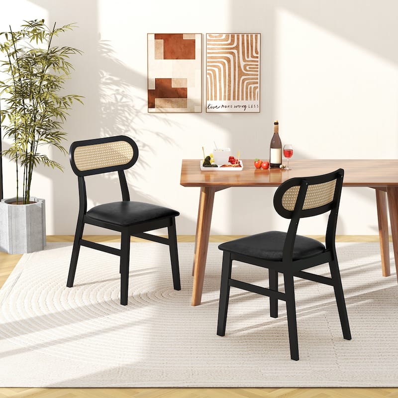 Set of 2 Modern Dining Chairs with Rattan Back and Waterproof PU Cushion Rubber Wood Legs - 19.5" x 19" x 31" (L x W x H)