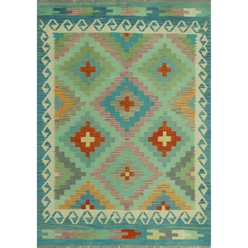 Sangat Flatweave Giana Green/Blue Rug - 4'10" x 6'8"
