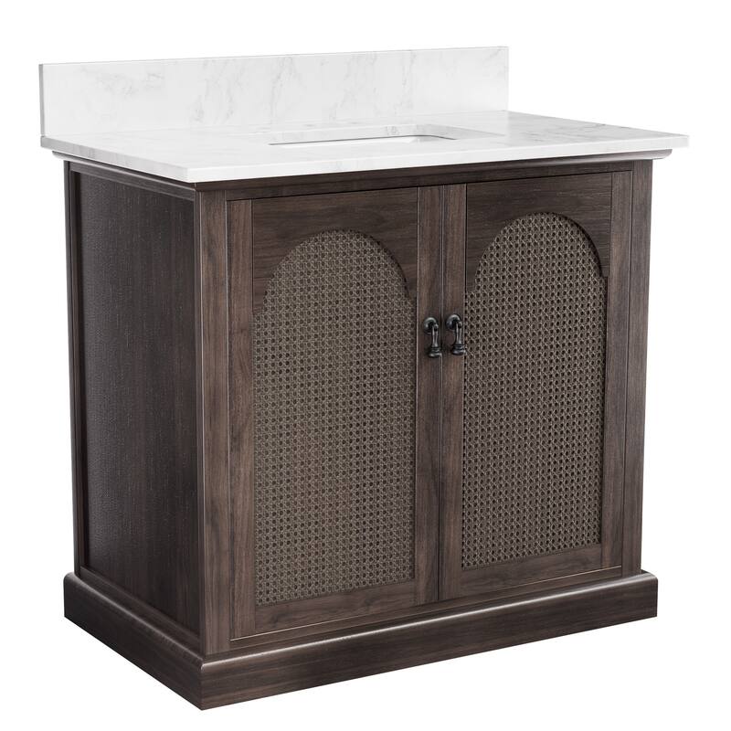 36" Bathroom Vanity with Single Sink, Double Doors, Rattan Accents & Marble-Style Top