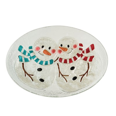 Transpac Glass 18.5 in. Multicolor Christmas Fused Snowman Platter