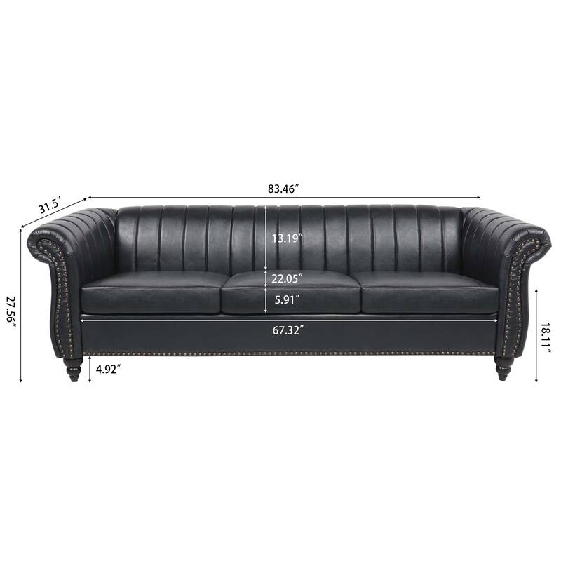 Chesterfield Sofa 83.46" with PU Leather, Quilted Backrest, Birch Legs