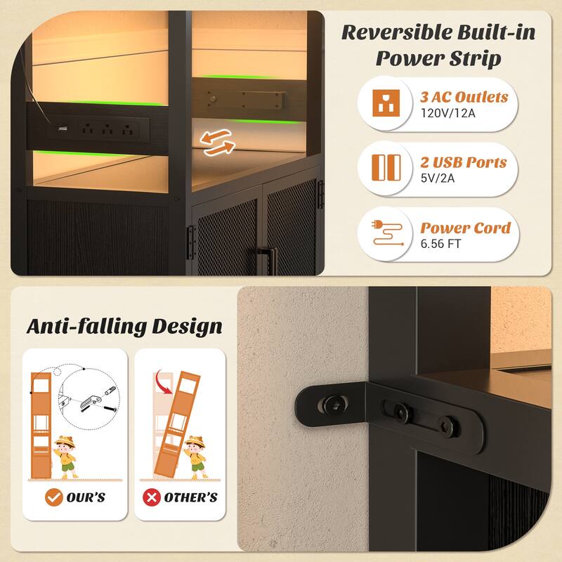 82.6" Tall Wine Cabinet with Glass Holder & Wine Rack，6-Tiers Liquor Storage Cabinet with LED Lights ＆ Charging Station