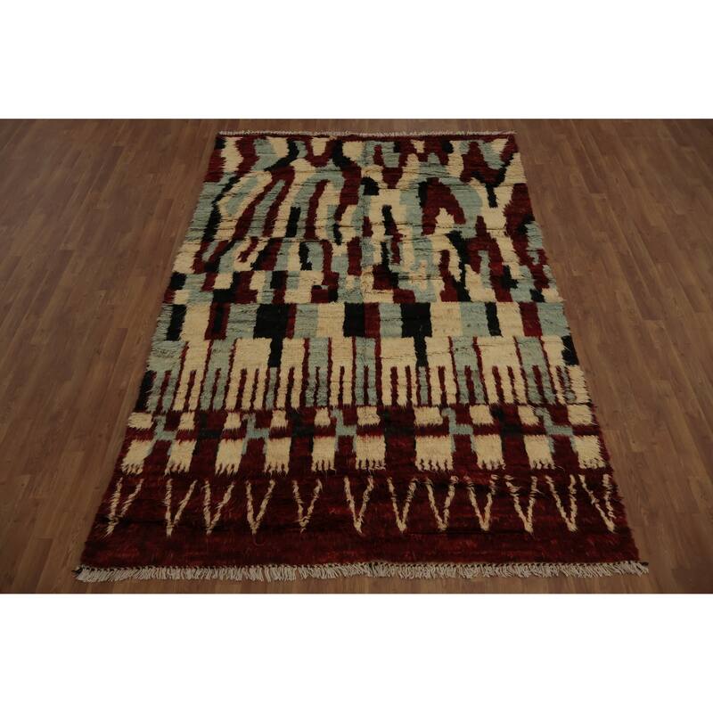 Hand Knotted Oriental 100% Wool Carpet Modern Tribal Beige & Ivories Moroccan Area Rug - 9' 2'' X 6' 0''
