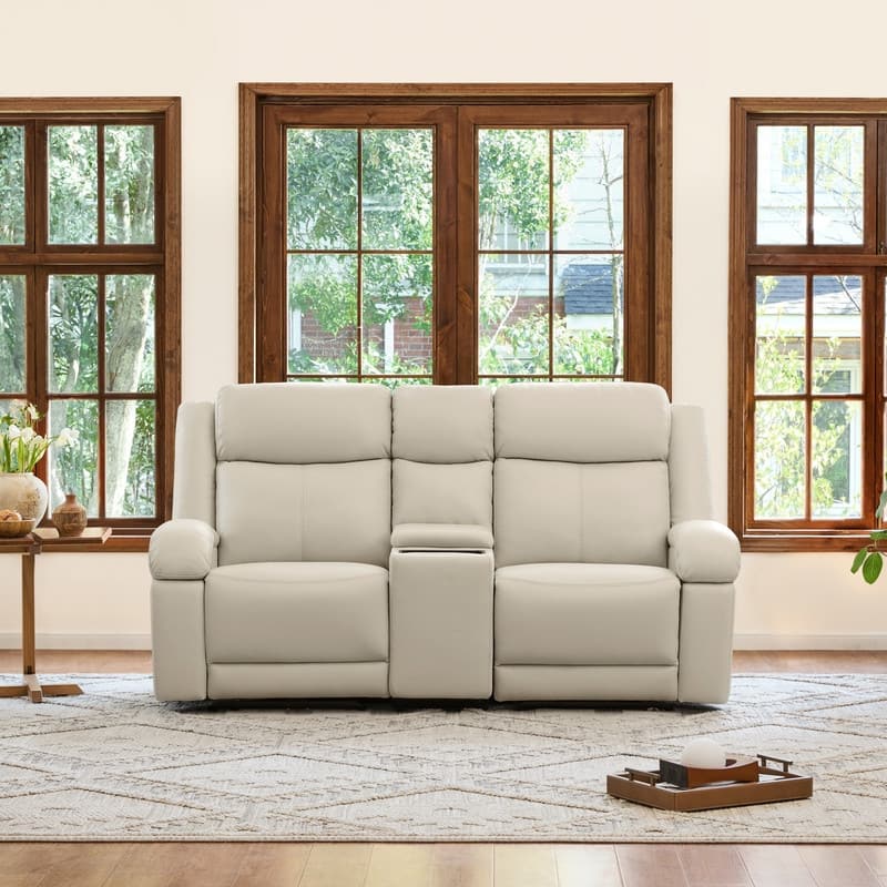 Spruce & Spring Hadlee Genuine leather Reclining Sofa with Multi-Function Console. - 2PC+Console - Cream