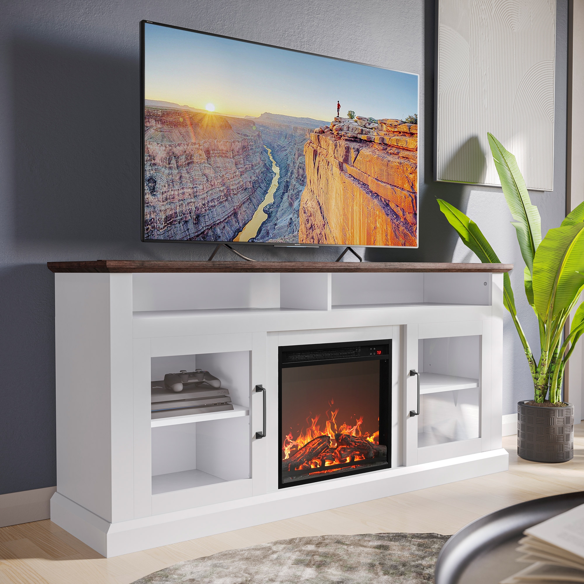 Belleze fireplace tv stand with remote control console media shelves for outlet tvs up to 65 inch