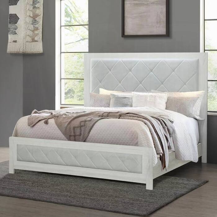 Modern Transitional Queen Size Panel Bed with Tufted Headboard, Beige Finish - Beige