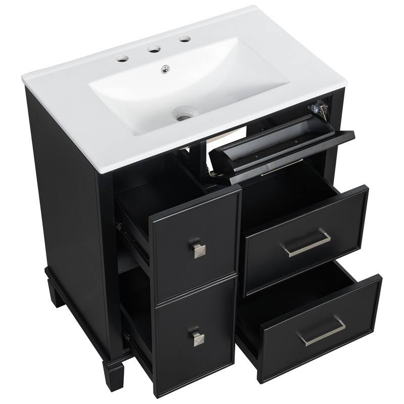 30 Inch Bathroom Vanity with Ceramic Sink, Flip-Out Drawer Design for Plumbing, White Painted MDF Cabinet with Solid Wood Legs