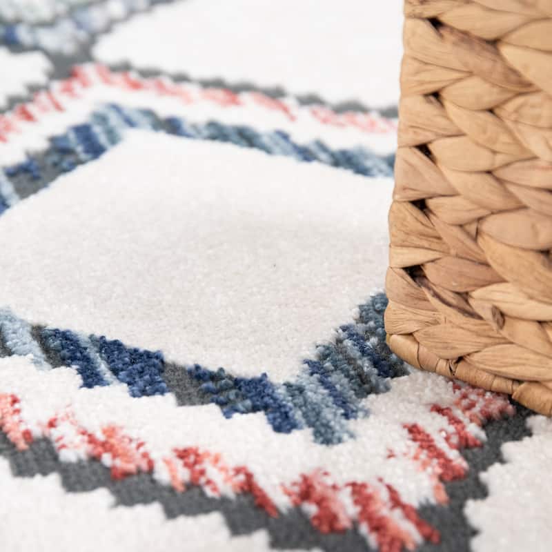 Ethnic Design Area Rug in Beige Cream with colorful Boho Pattern