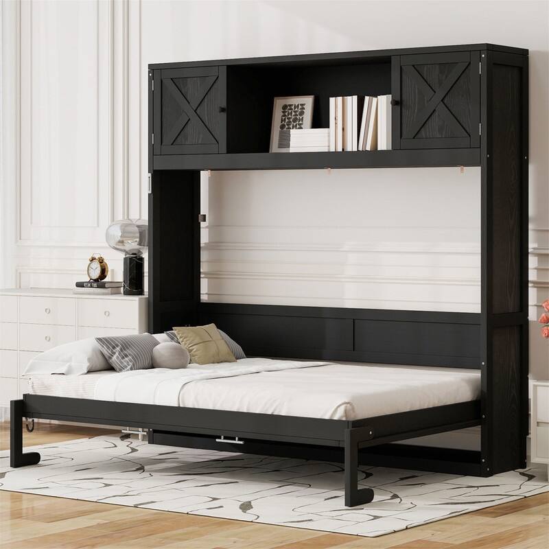 Full Size Murphy Bed Wall Bed with Storage Cabinets, Foldable Space Saving Murphy Cabinet Bed with Open Storage & Slats Support - Black