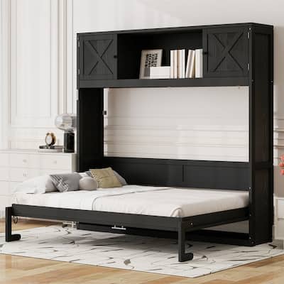 Full Size Murphy Bed Wall Bed with Storage Cabinets, Wooden Foldable Murphy Cabinet Bed with Top Storage, Space Saving Design