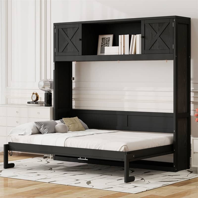 Full Size Murphy Bed Wall Bed with Storage Cabinets, Wooden Foldable Murphy Cabinet Bed with Top Storage, Space Saving Design